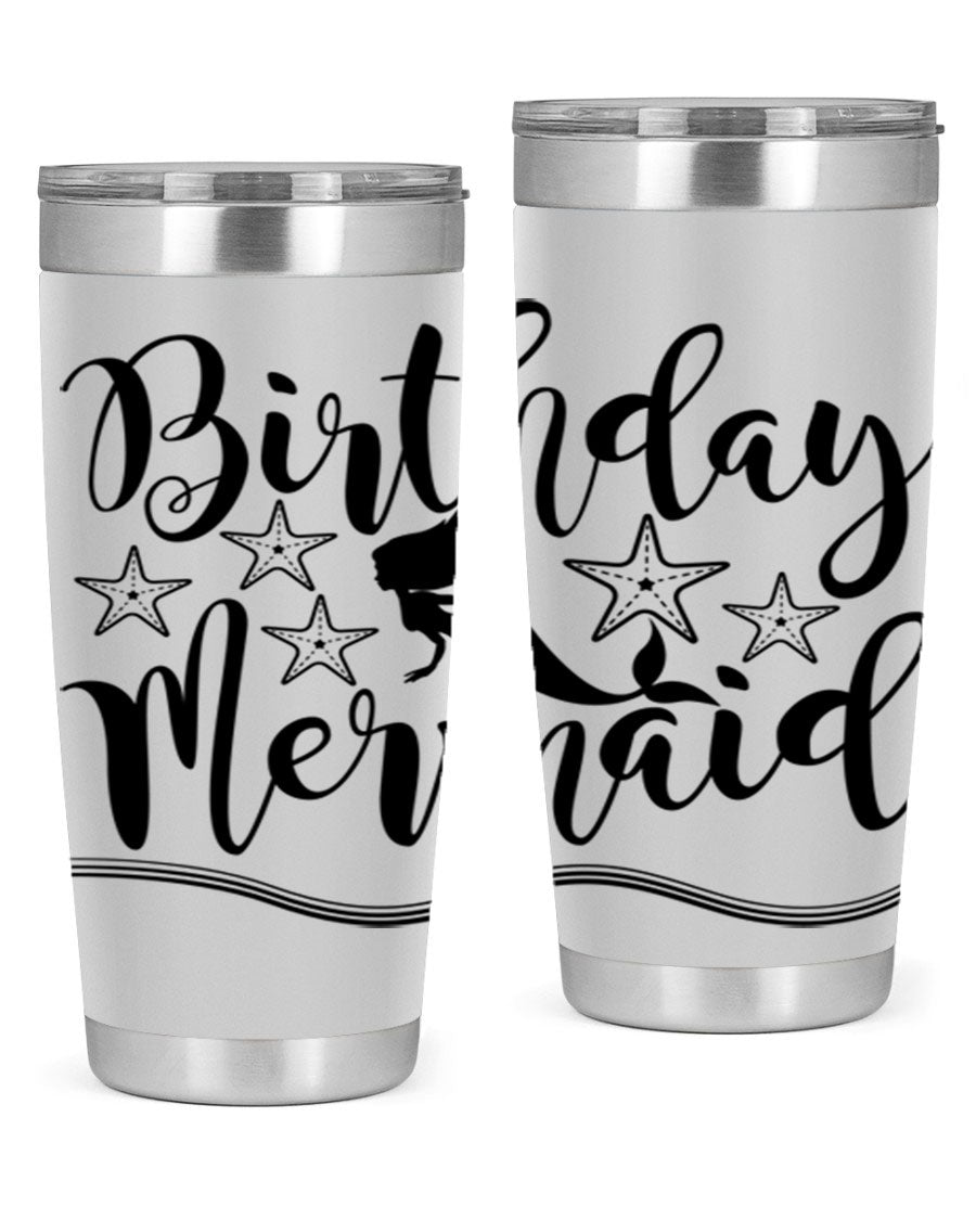 Birthday Mermaid 77# Tumbler in vibrant colors, showcasing its double wall stainless steel design and drink-thru lid.