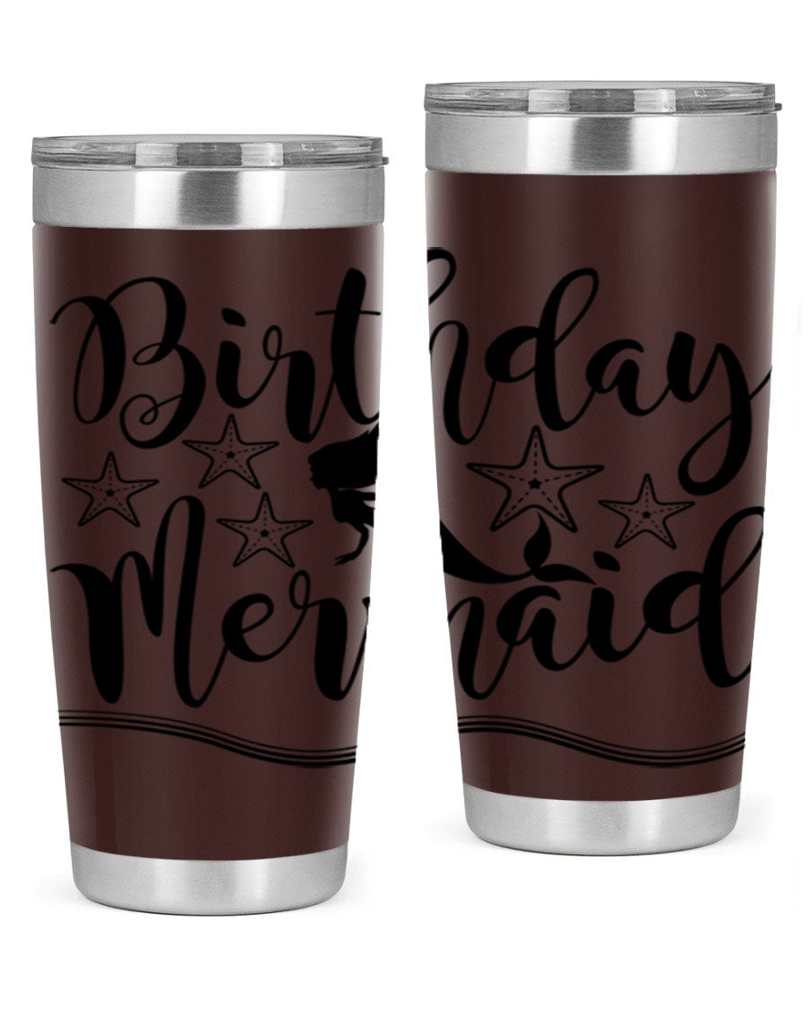 Birthday Mermaid 77# Tumbler in vibrant colors, showcasing its double wall stainless steel design and drink-thru lid.