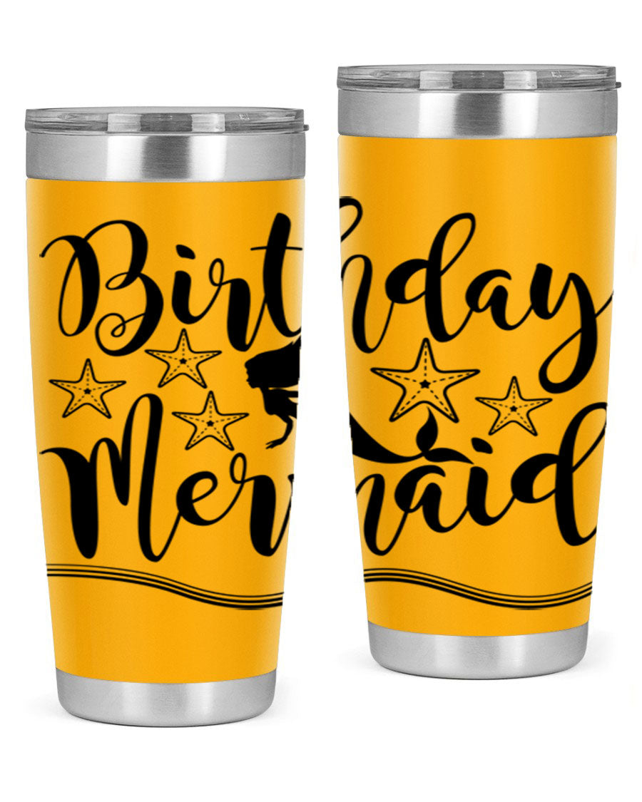 Birthday Mermaid 77# Tumbler in vibrant colors, showcasing its double wall stainless steel design and drink-thru lid.