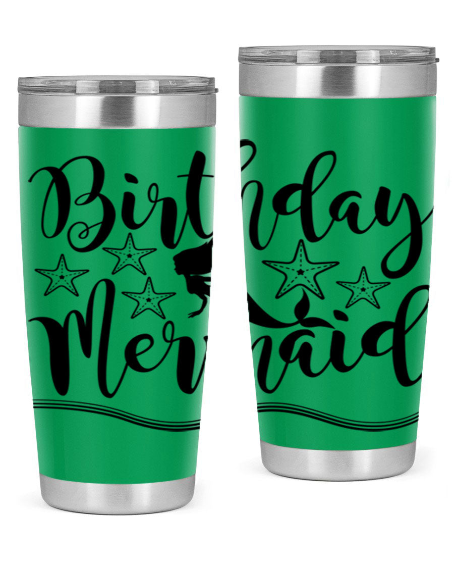 Birthday Mermaid 77# Tumbler in vibrant colors, showcasing its double wall stainless steel design and drink-thru lid.