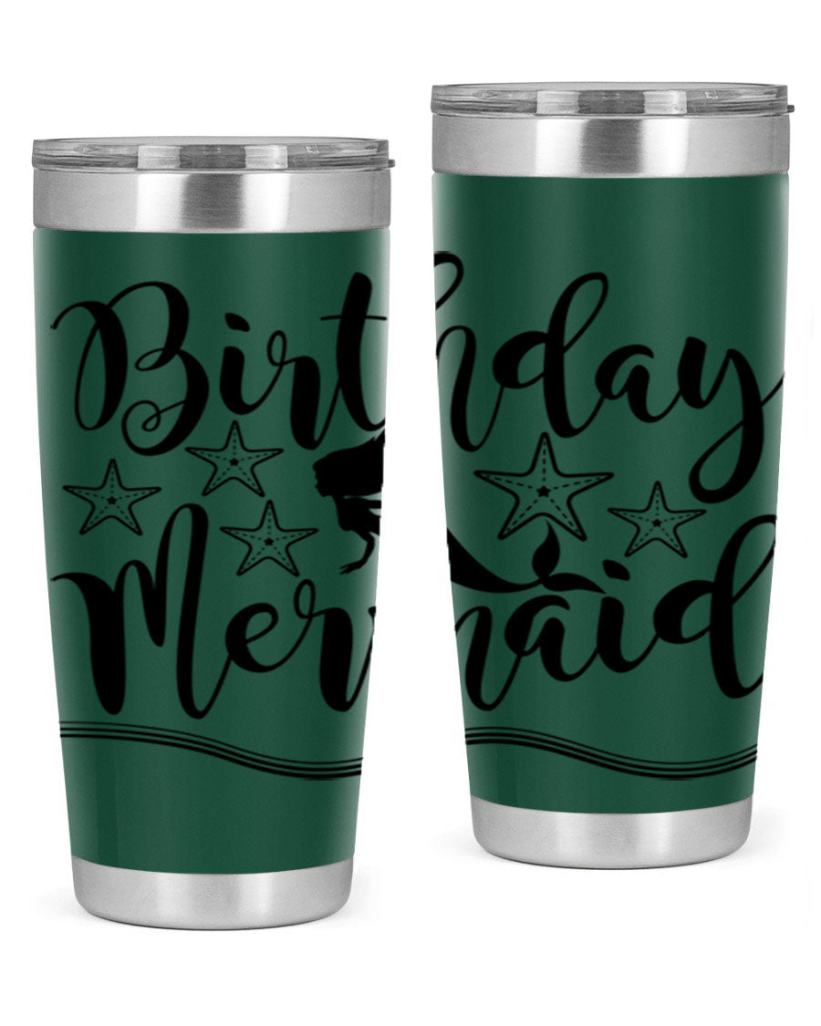 Birthday Mermaid 77# Tumbler in vibrant colors, showcasing its double wall stainless steel design and drink-thru lid.