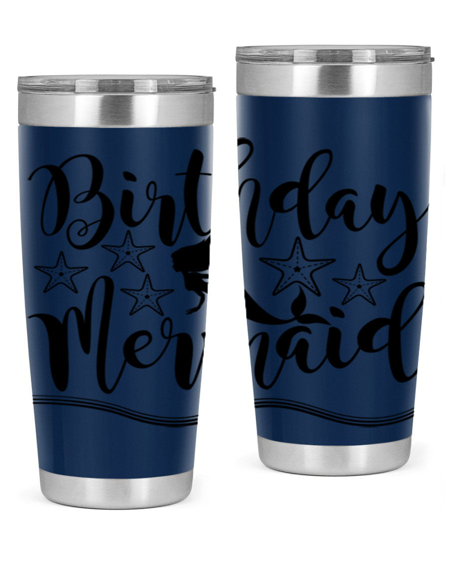 Birthday Mermaid 77# Tumbler in vibrant colors, showcasing its double wall stainless steel design and drink-thru lid.