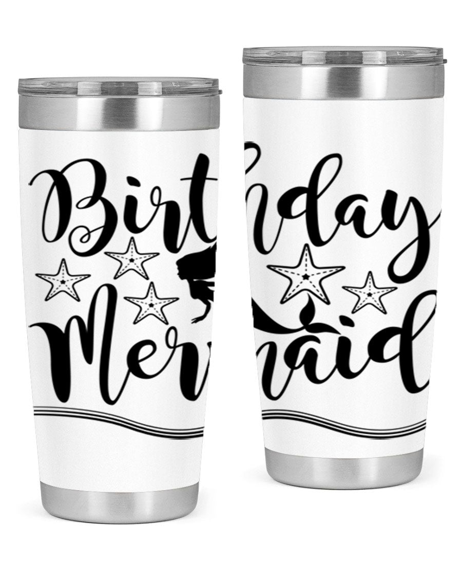 Birthday Mermaid 77# Tumbler in vibrant colors, showcasing its double wall stainless steel design and drink-thru lid.