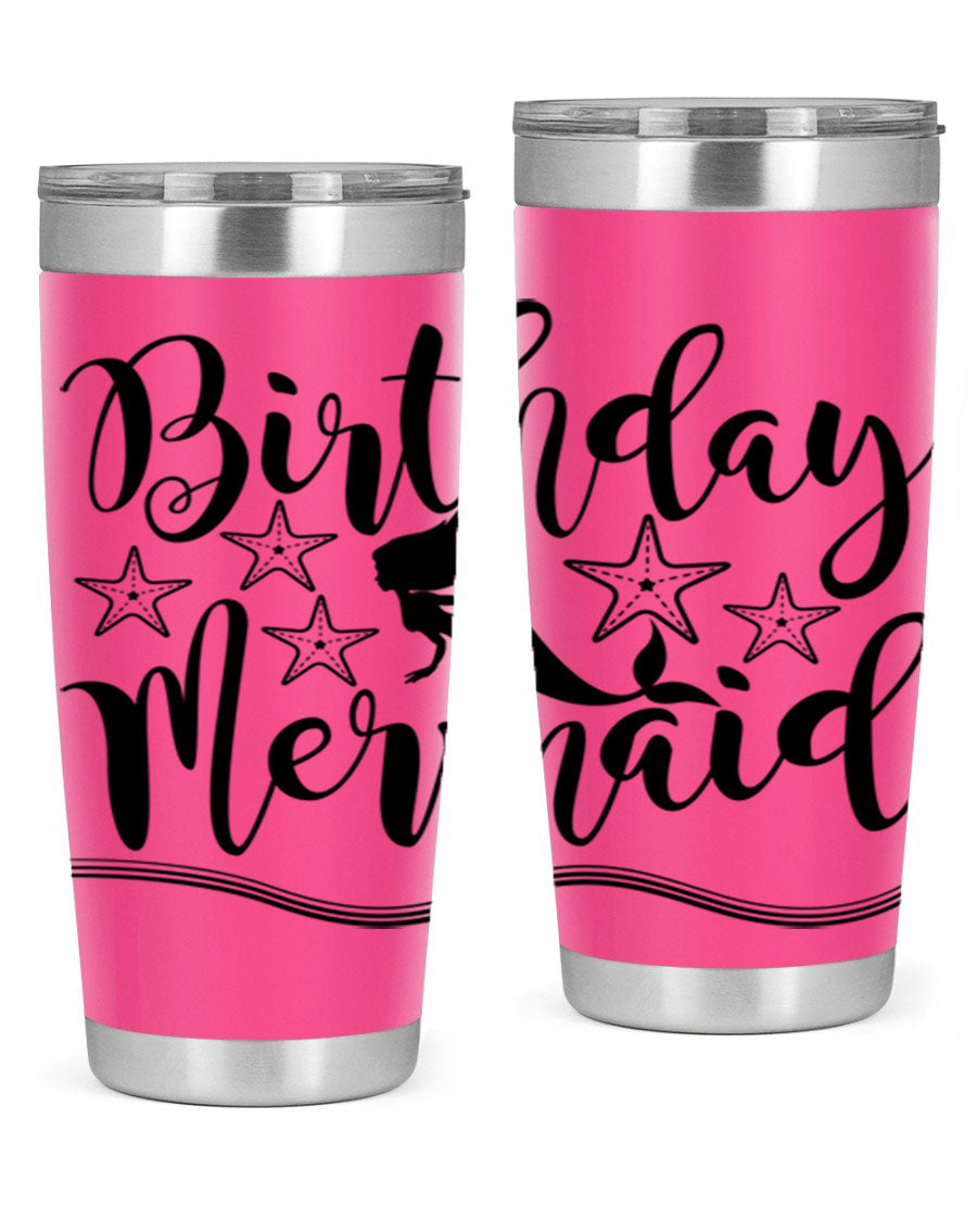 Birthday Mermaid 77# Tumbler in vibrant colors, showcasing its double wall stainless steel design and drink-thru lid.