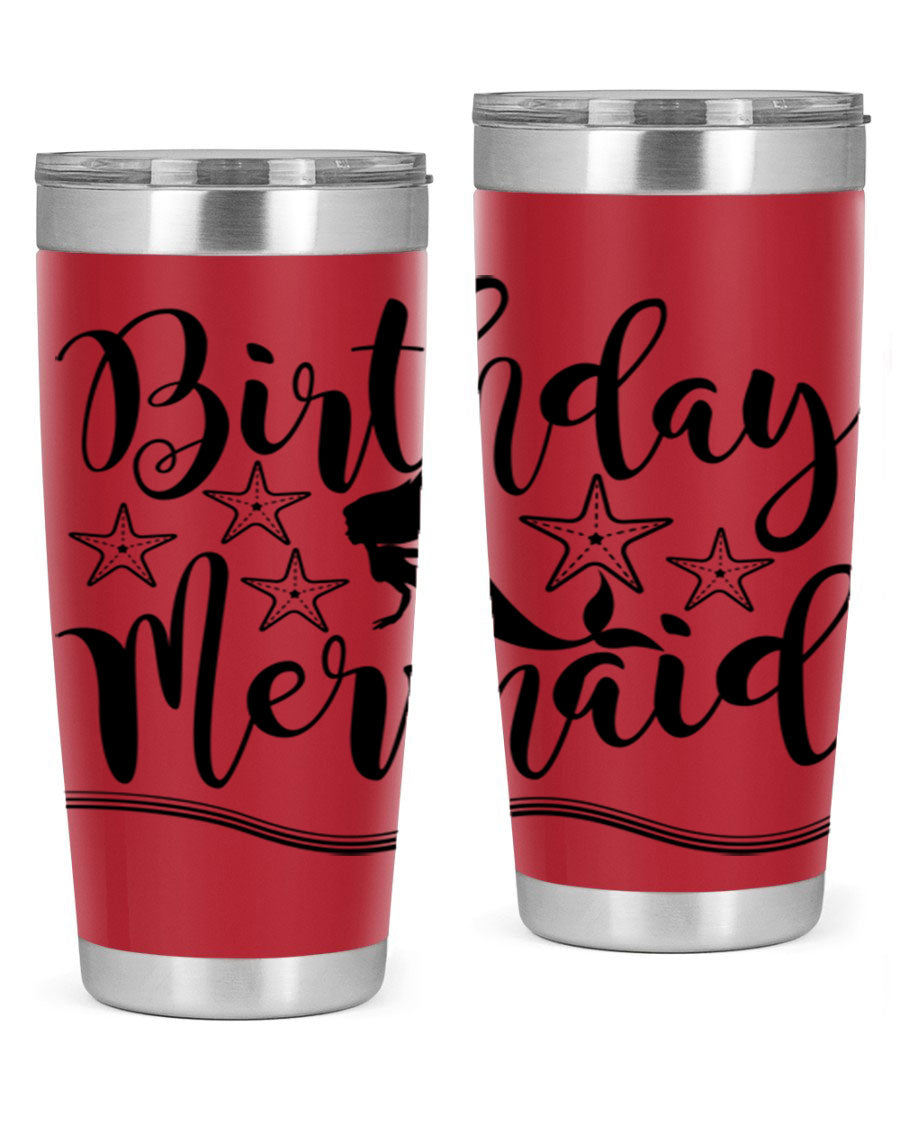 Birthday Mermaid 77# Tumbler in vibrant colors, showcasing its double wall stainless steel design and drink-thru lid.