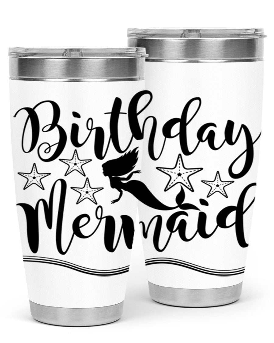 Birthday Mermaid 77# Tumbler in vibrant colors, showcasing its double wall stainless steel design and drink-thru lid.