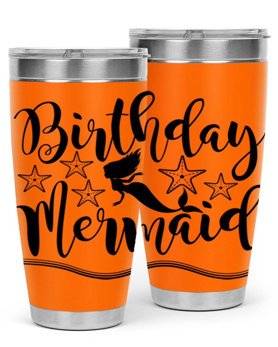 Birthday Mermaid 77# Tumbler in vibrant colors, showcasing its double wall stainless steel design and drink-thru lid.