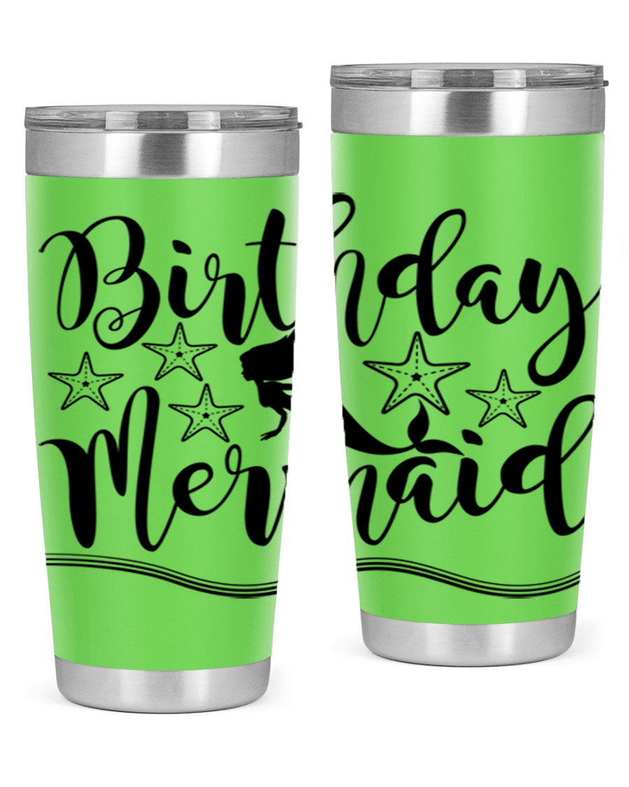 Birthday Mermaid 77# Tumbler in vibrant colors, showcasing its double wall stainless steel design and drink-thru lid.