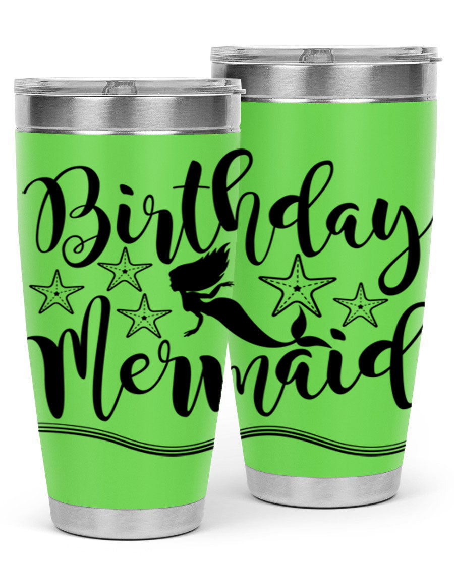 Birthday Mermaid 77# Tumbler in vibrant colors, showcasing its double wall stainless steel design and drink-thru lid.