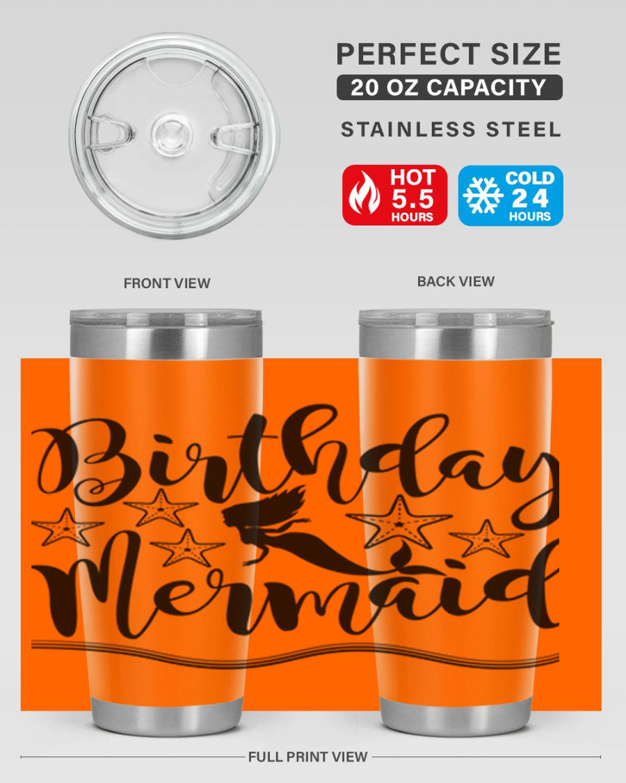 Birthday Mermaid 77# Tumbler in vibrant colors, showcasing its double wall stainless steel design and drink-thru lid.