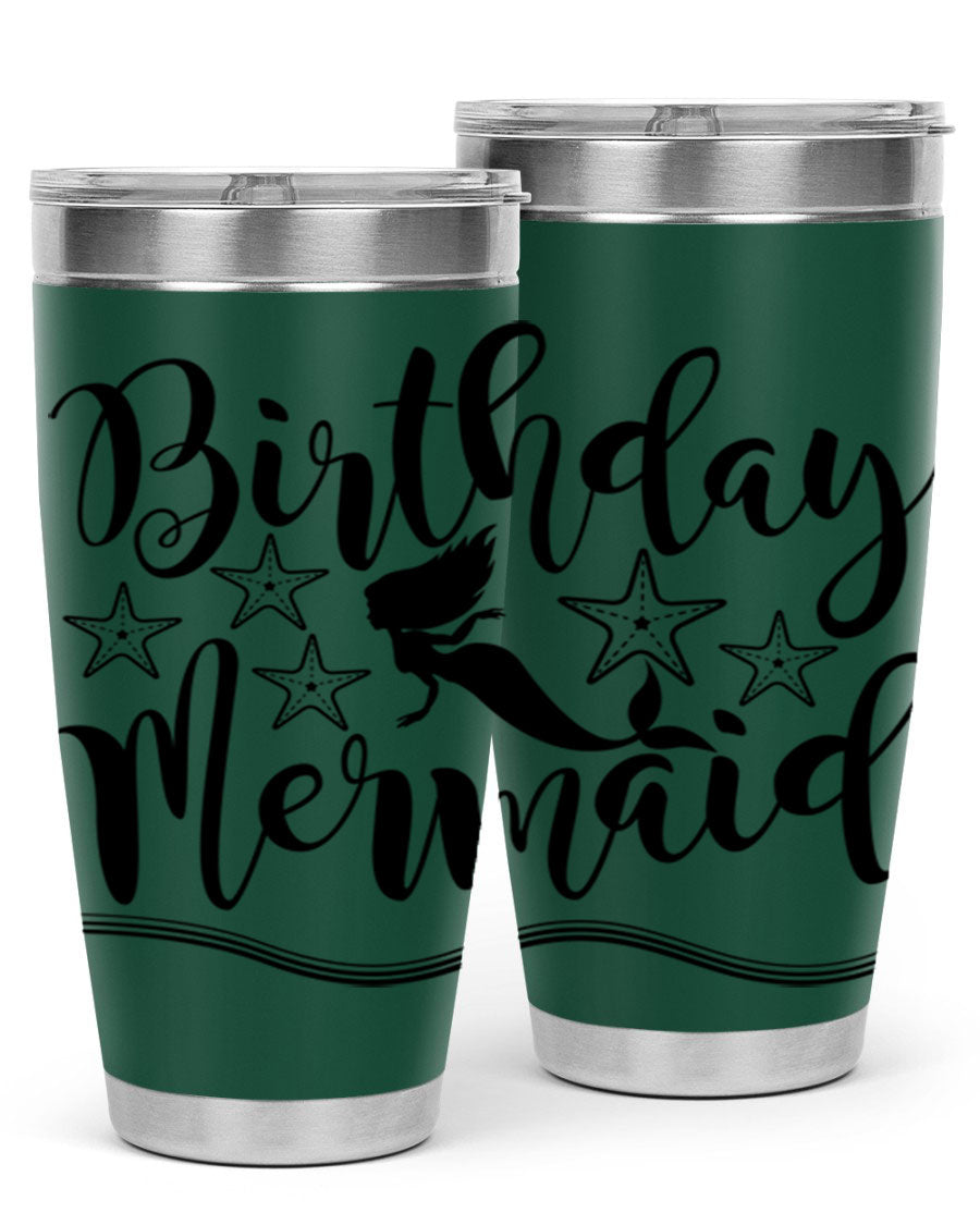 Birthday Mermaid 77# Tumbler in vibrant colors, showcasing its double wall stainless steel design and drink-thru lid.