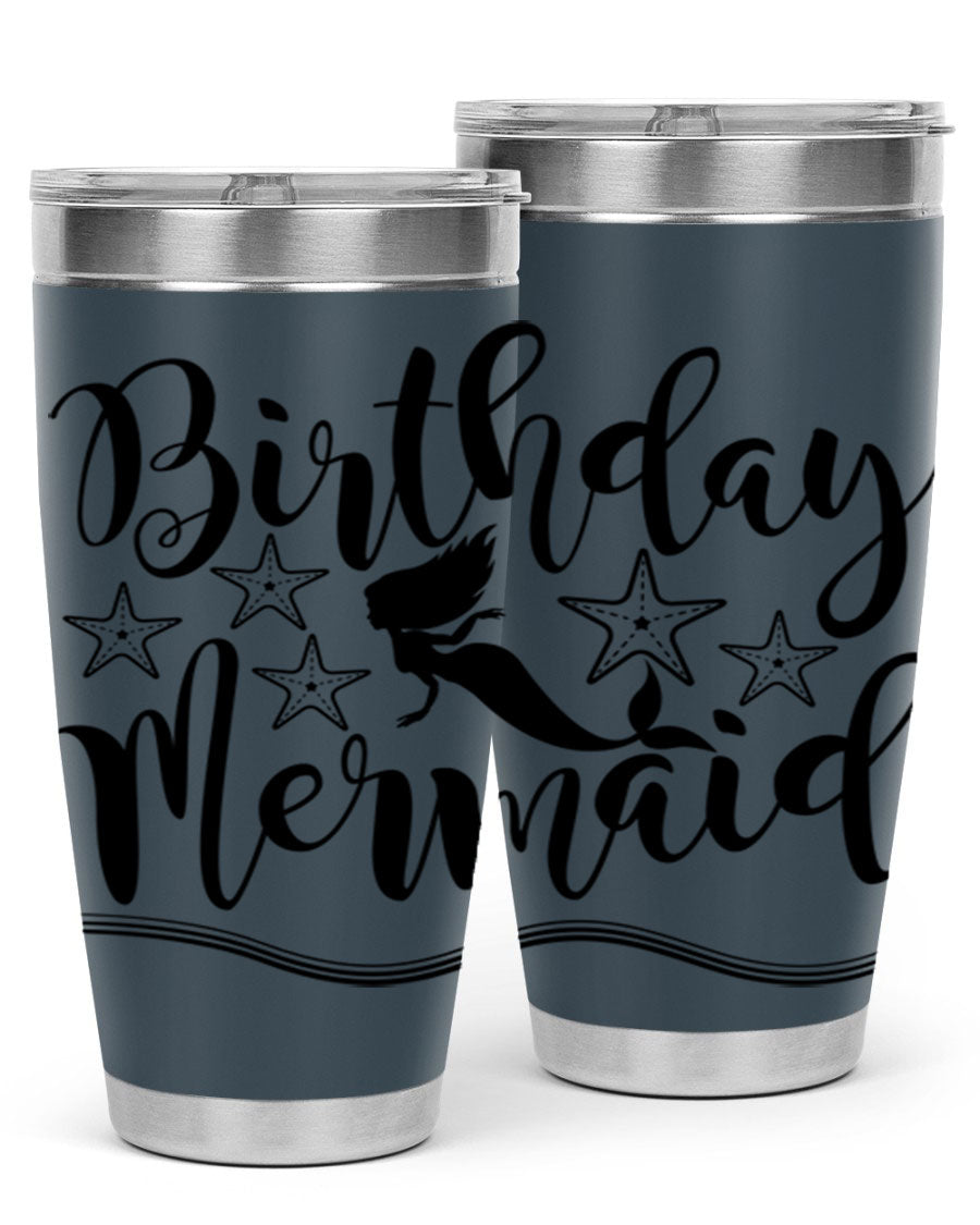 Birthday Mermaid 77# Tumbler in vibrant colors, showcasing its double wall stainless steel design and drink-thru lid.