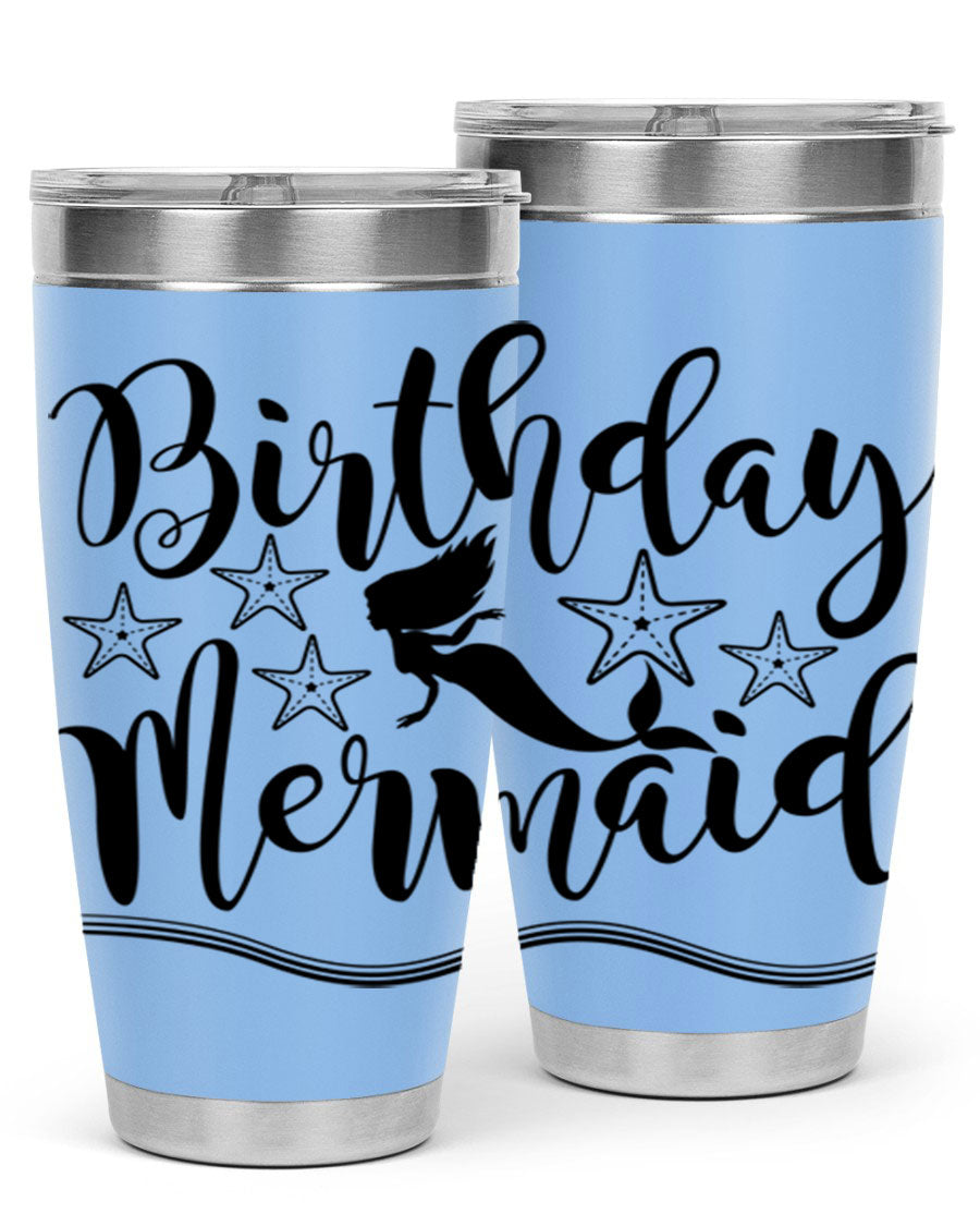 Birthday Mermaid 77# Tumbler in vibrant colors, showcasing its double wall stainless steel design and drink-thru lid.