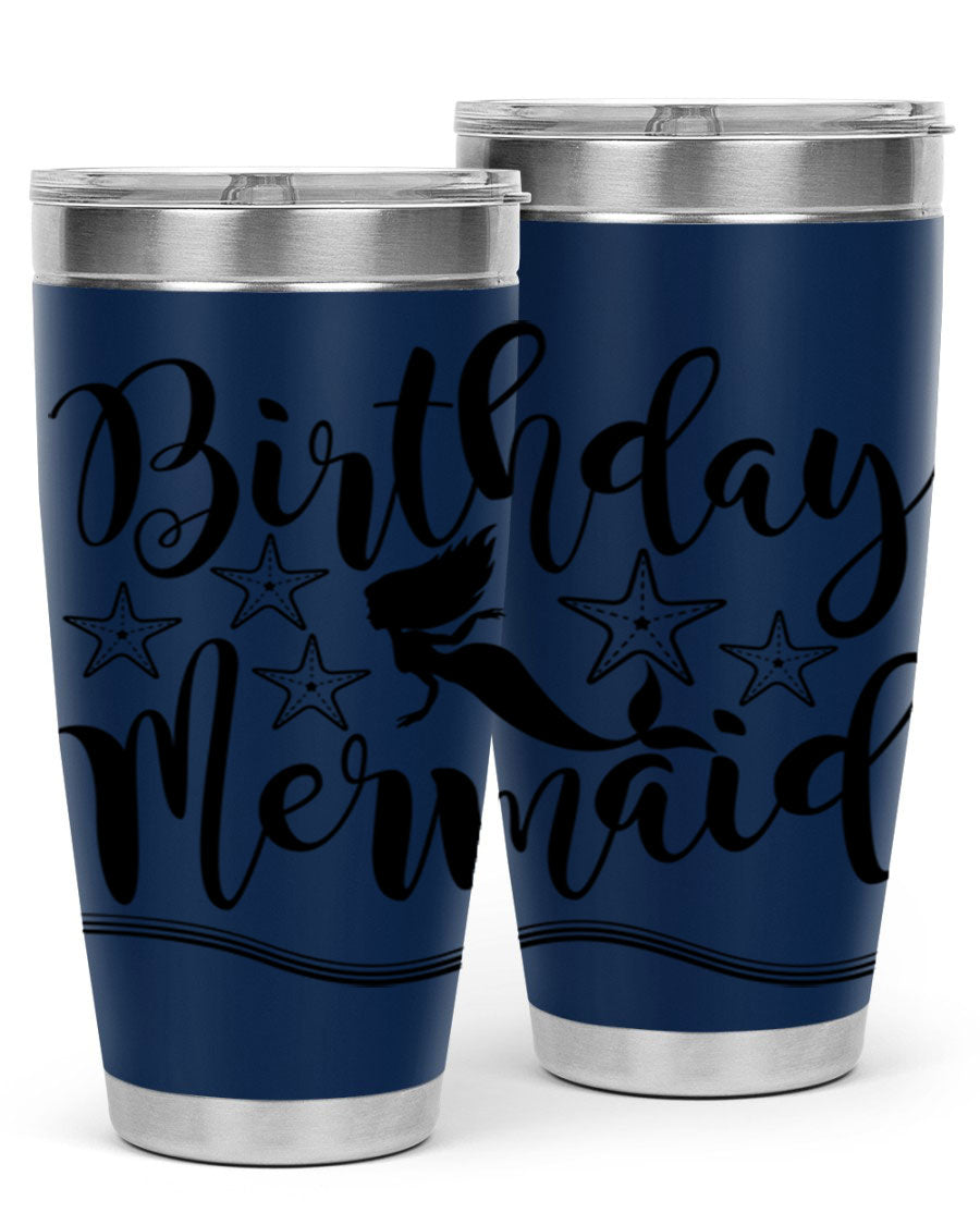 Birthday Mermaid 77# Tumbler in vibrant colors, showcasing its double wall stainless steel design and drink-thru lid.