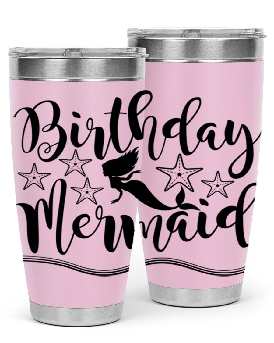 Birthday Mermaid 77# Tumbler in vibrant colors, showcasing its double wall stainless steel design and drink-thru lid.