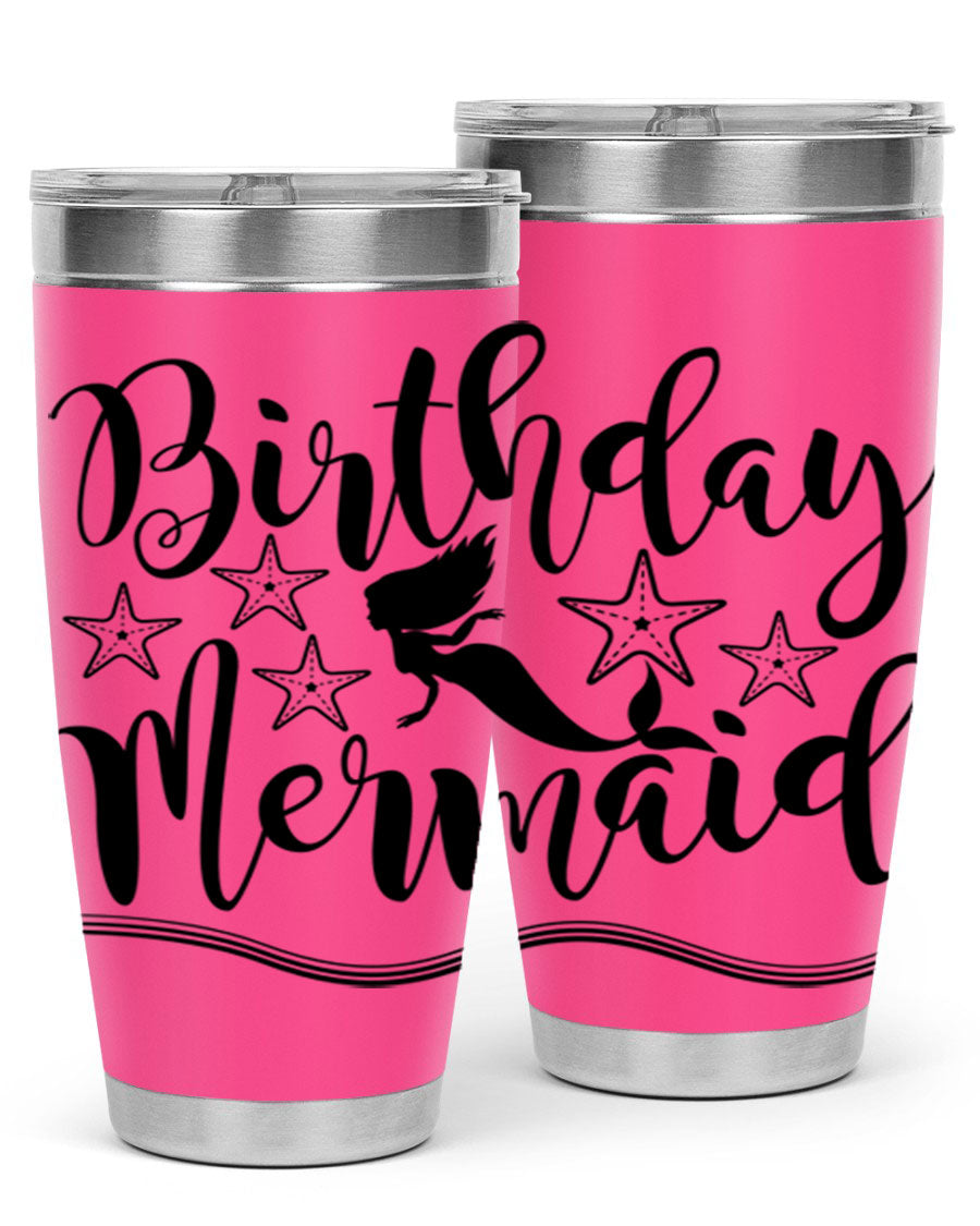 Birthday Mermaid 77# Tumbler in vibrant colors, showcasing its double wall stainless steel design and drink-thru lid.