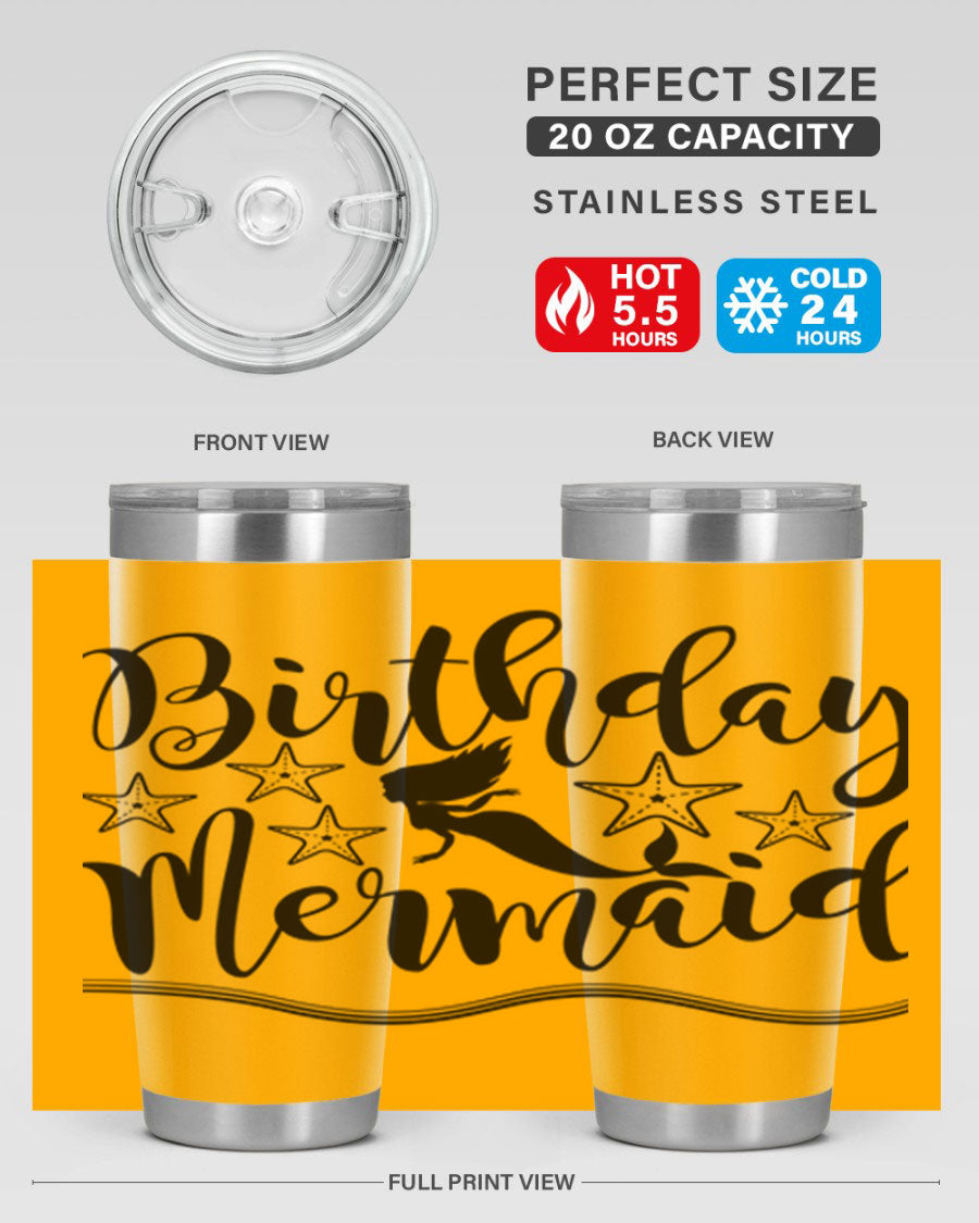 Birthday Mermaid 77# Tumbler in vibrant colors, showcasing its double wall stainless steel design and drink-thru lid.