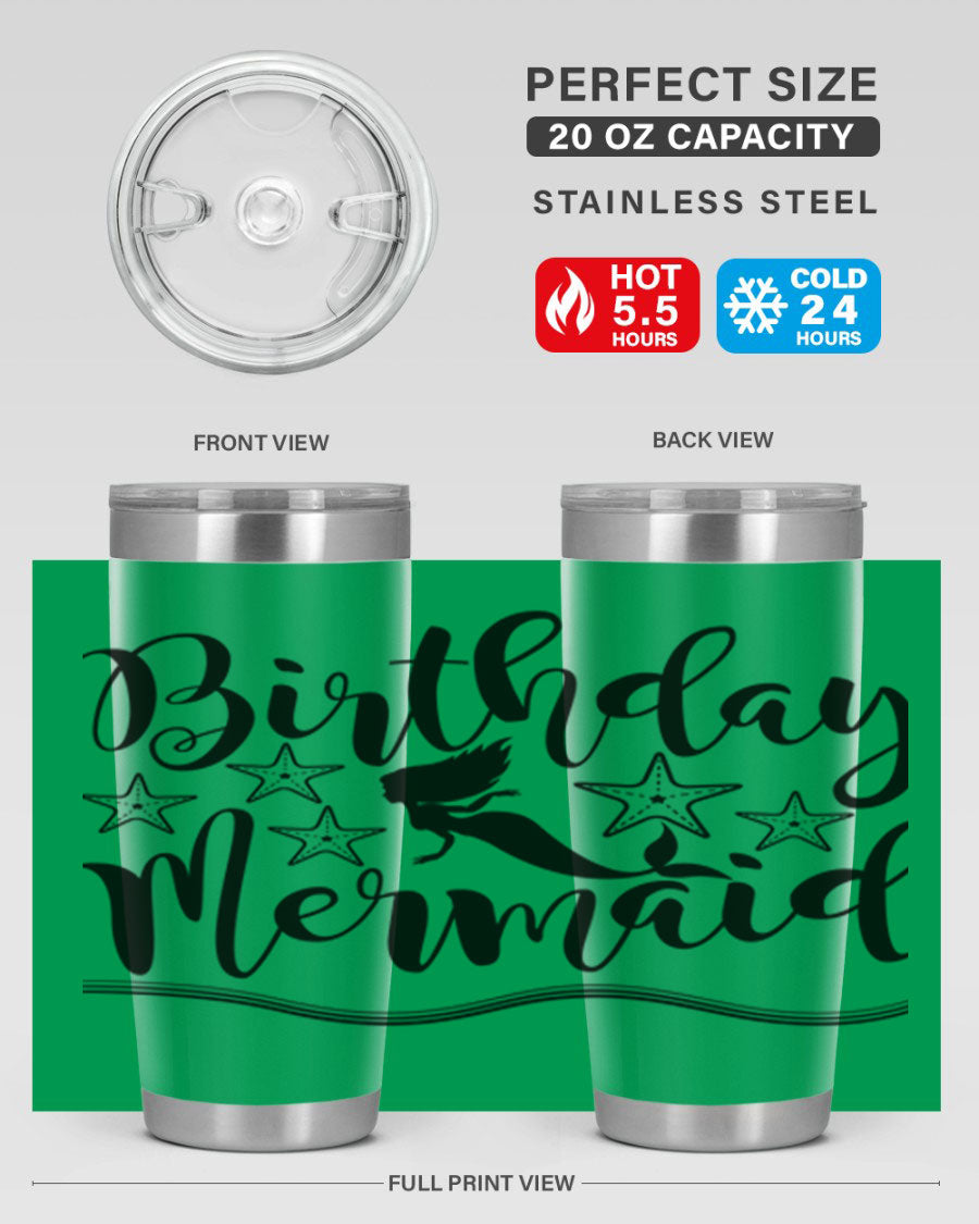 Birthday Mermaid 77# Tumbler in vibrant colors, showcasing its double wall stainless steel design and drink-thru lid.