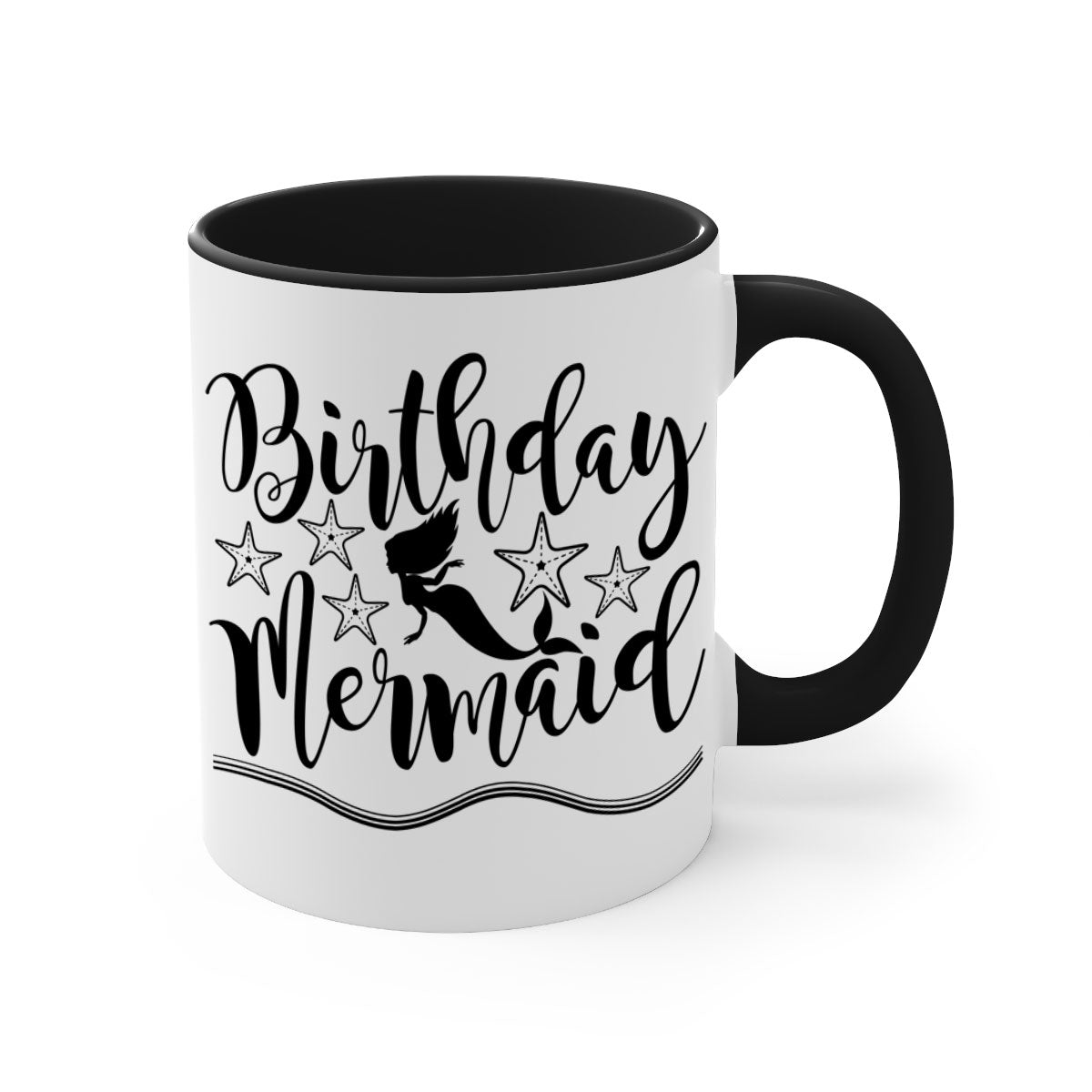 Colorful Birthday Mermaid Mug with glossy finish and C-shaped handle, available in multiple colors.