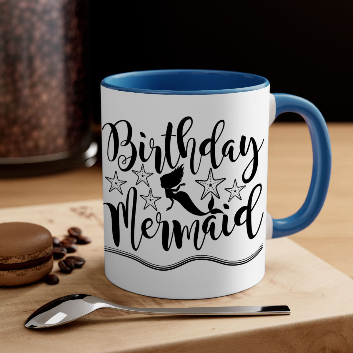 Colorful Birthday Mermaid Mug with glossy finish and C-shaped handle, available in multiple colors.