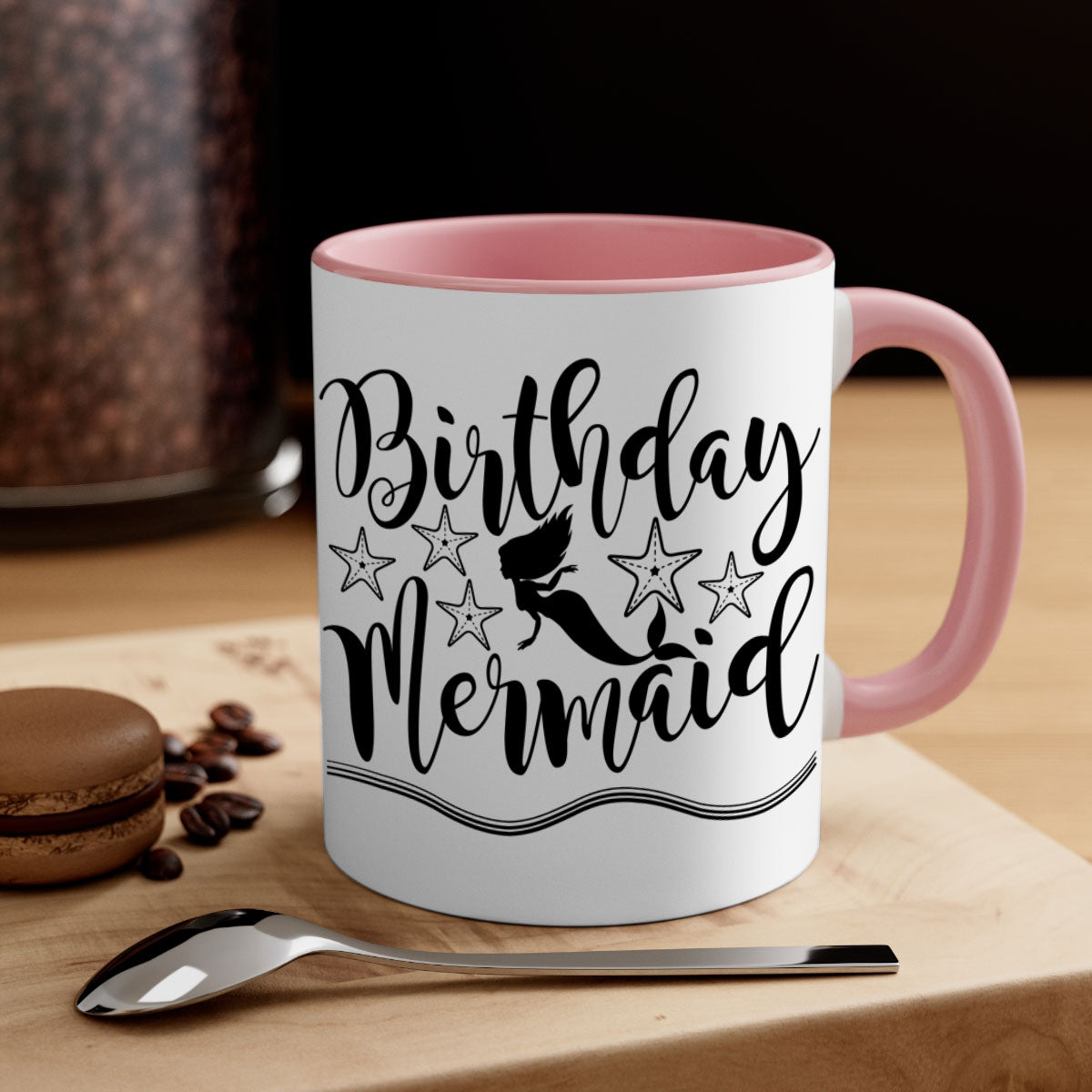 Colorful Birthday Mermaid Mug with glossy finish and C-shaped handle, available in multiple colors.