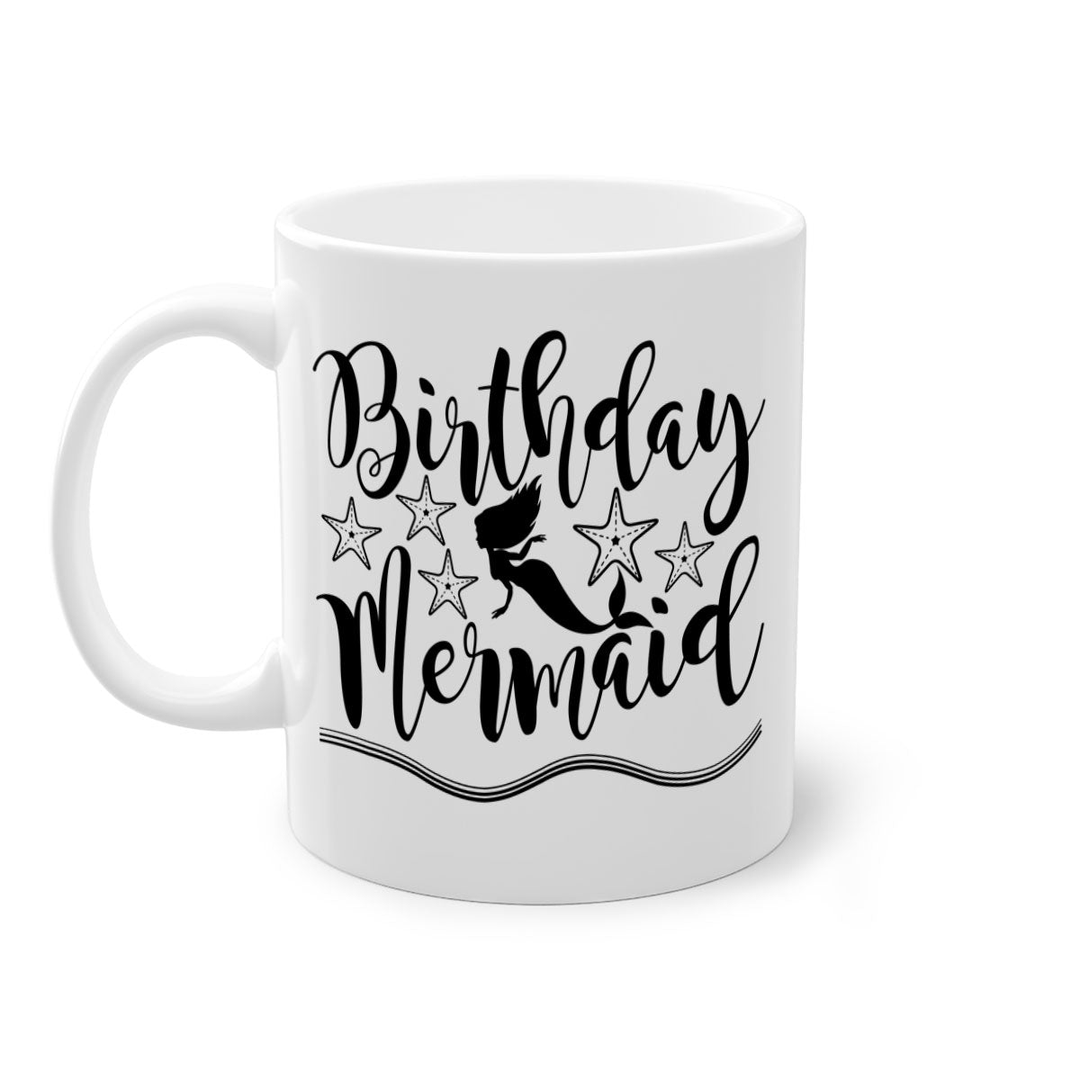 Colorful Birthday Mermaid Mug with glossy finish and C-shaped handle, available in multiple colors.