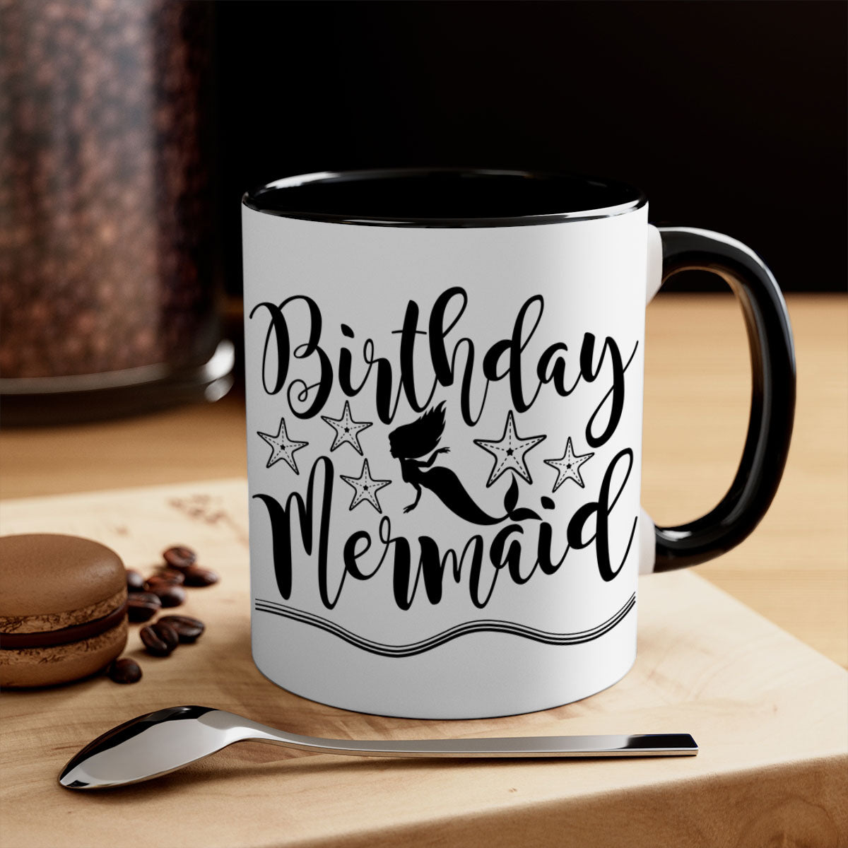 Colorful Birthday Mermaid Mug with glossy finish and C-shaped handle, available in multiple colors.