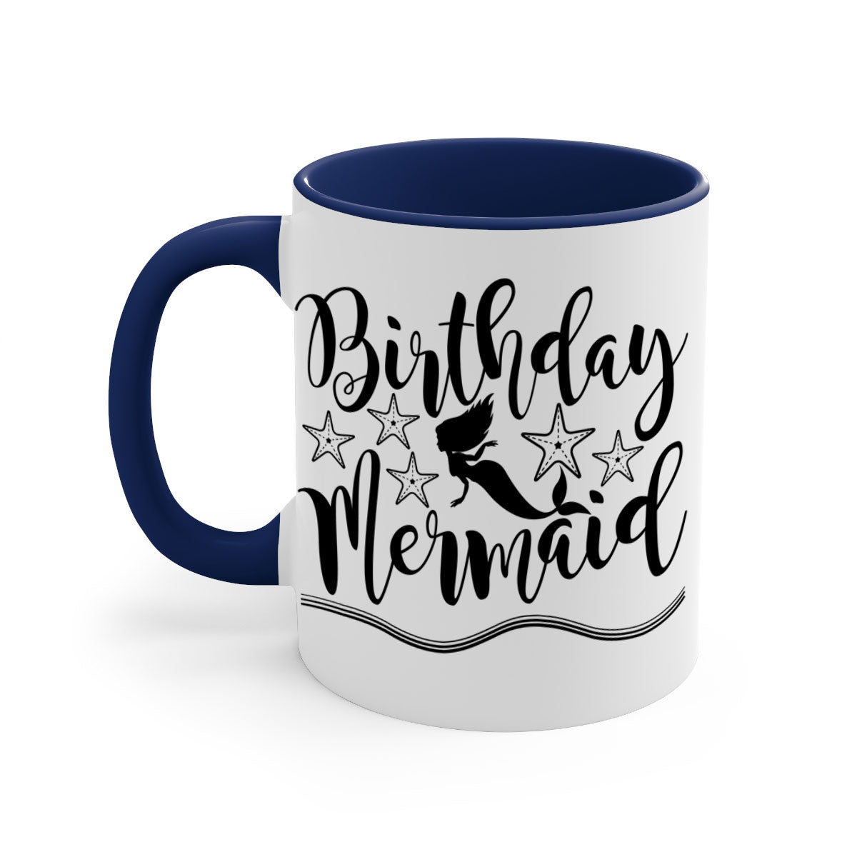 Colorful Birthday Mermaid Mug with glossy finish and C-shaped handle, available in multiple colors.