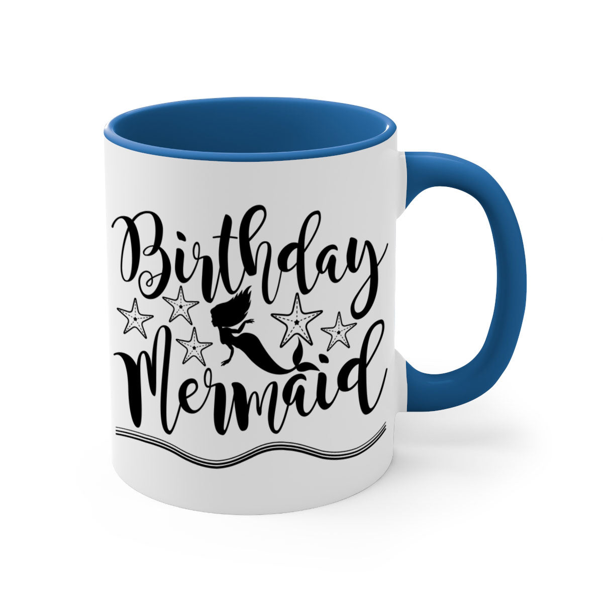 Colorful Birthday Mermaid Mug with glossy finish and C-shaped handle, available in multiple colors.