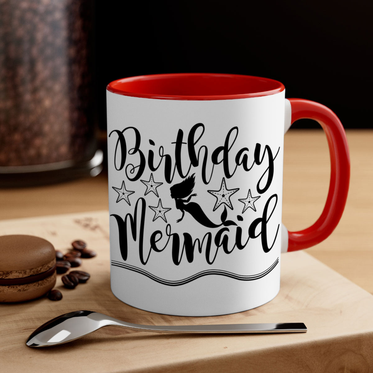 Colorful Birthday Mermaid Mug with glossy finish and C-shaped handle, available in multiple colors.