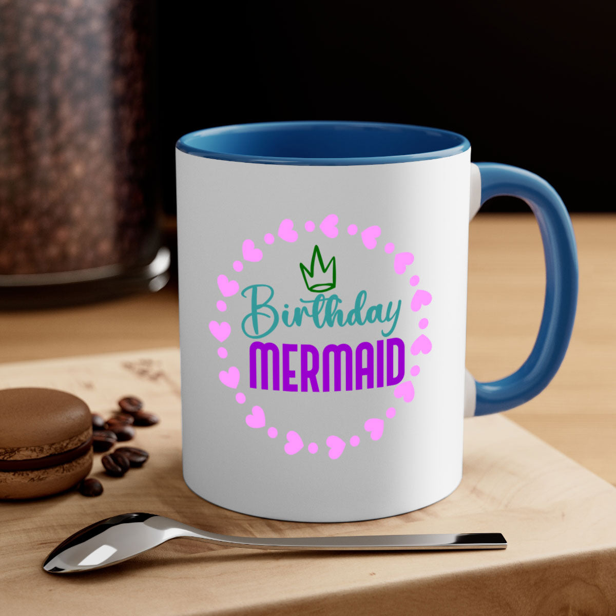 Birthday Mermaid Mug featuring a glossy finish with a colored handle and interior, available in five vibrant colors.