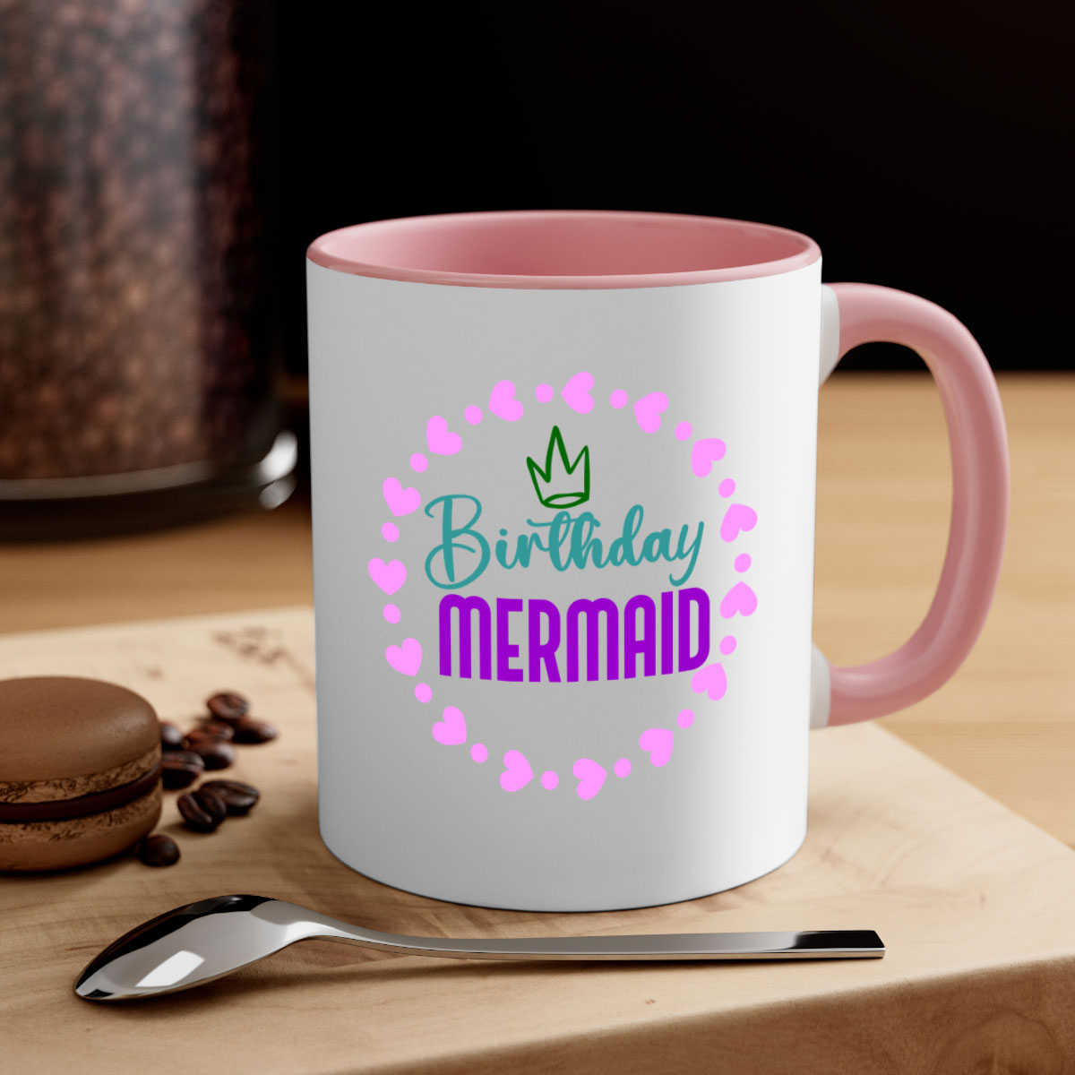 Birthday Mermaid Mug featuring a glossy finish with a colored handle and interior, available in five vibrant colors.