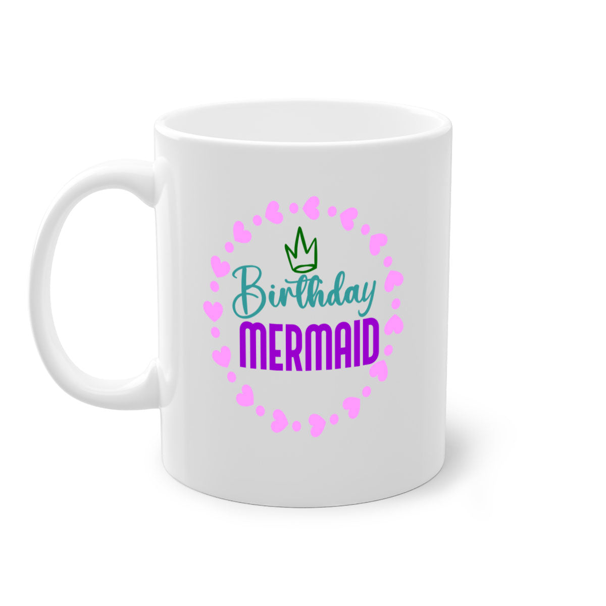 Birthday Mermaid Mug featuring a glossy finish with a colored handle and interior, available in five vibrant colors.