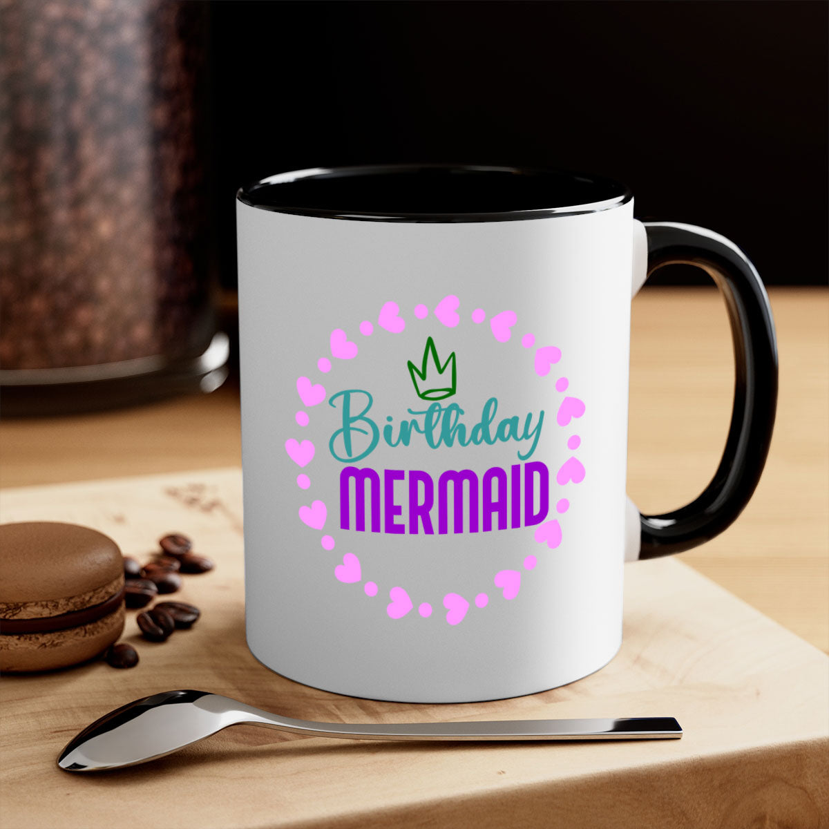 Birthday Mermaid Mug featuring a glossy finish with a colored handle and interior, available in five vibrant colors.