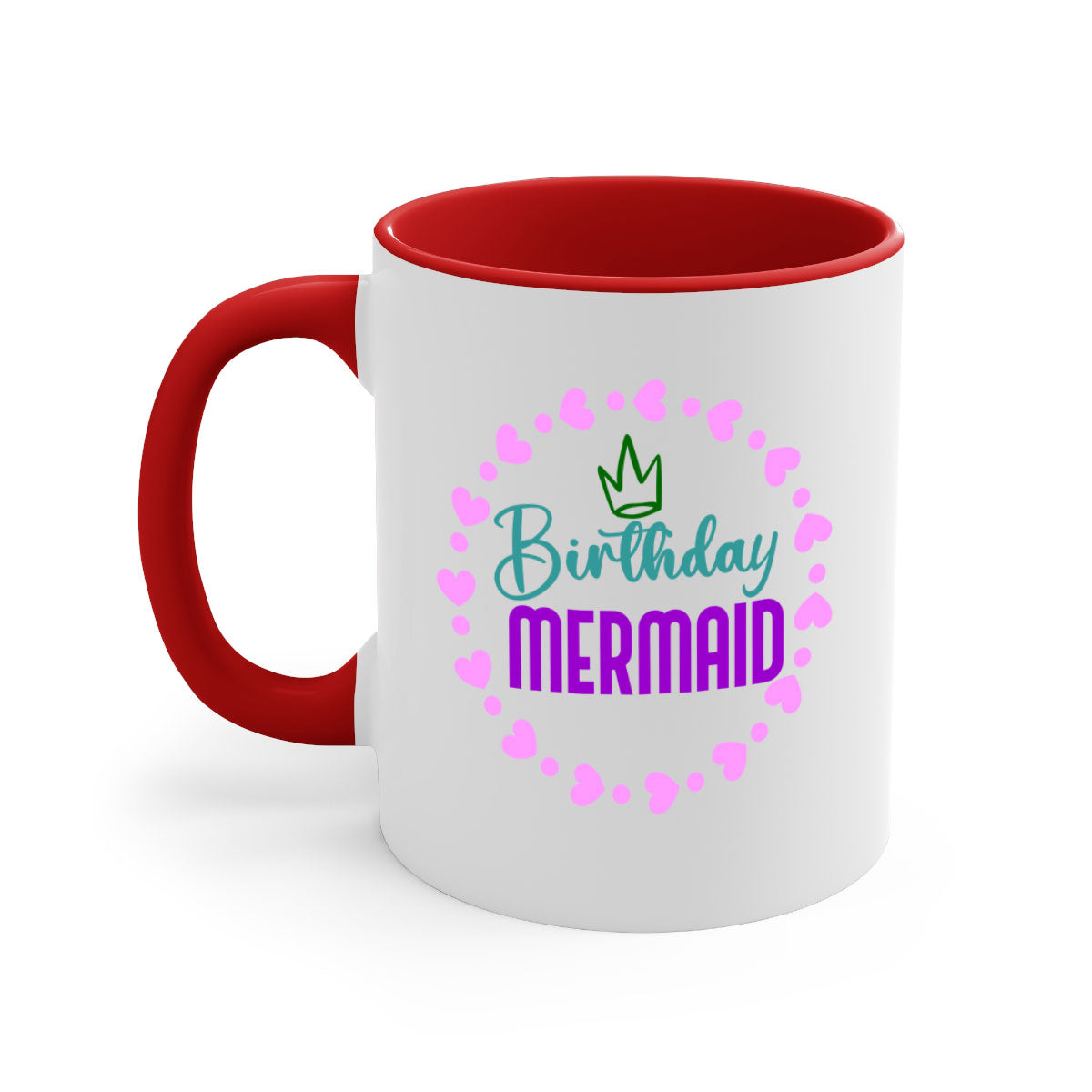 Birthday Mermaid Mug featuring a glossy finish with a colored handle and interior, available in five vibrant colors.