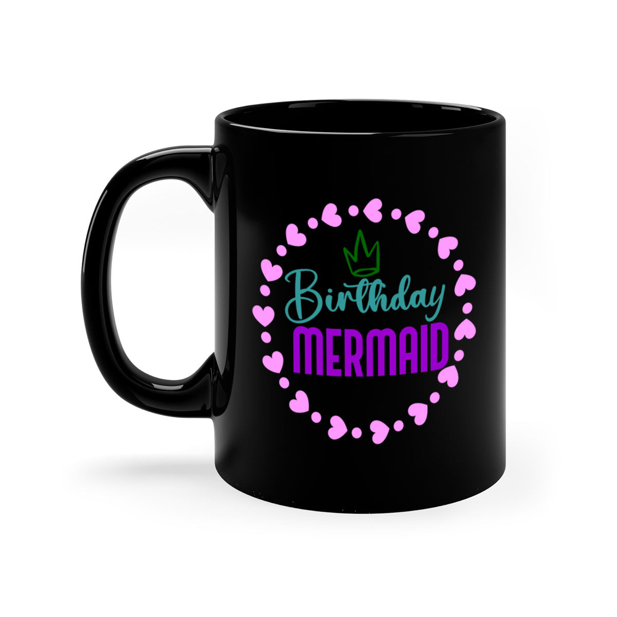 Birthday Mermaid Mug featuring a glossy finish with a colored handle and interior, available in five vibrant colors.