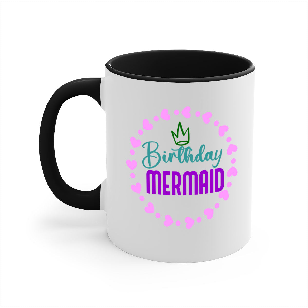 Birthday Mermaid Mug featuring a glossy finish with a colored handle and interior, available in five vibrant colors.