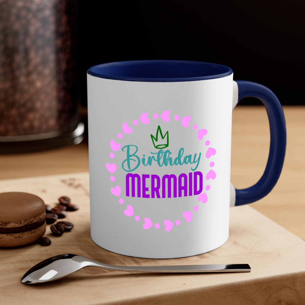 Birthday Mermaid Mug featuring a glossy finish with a colored handle and interior, available in five vibrant colors.