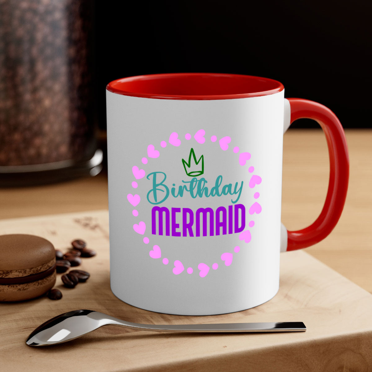 Birthday Mermaid Mug featuring a glossy finish with a colored handle and interior, available in five vibrant colors.