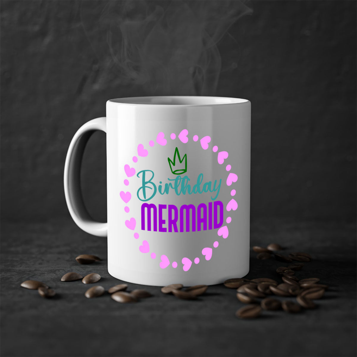 Birthday Mermaid Mug featuring a glossy finish with a colored handle and interior, available in five vibrant colors.