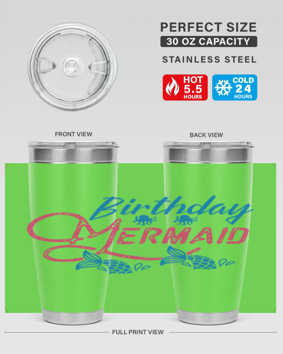 Birthday Mermaid 71# Tumbler featuring vibrant mermaid design, double wall vacuum insulation, and stainless steel construction.