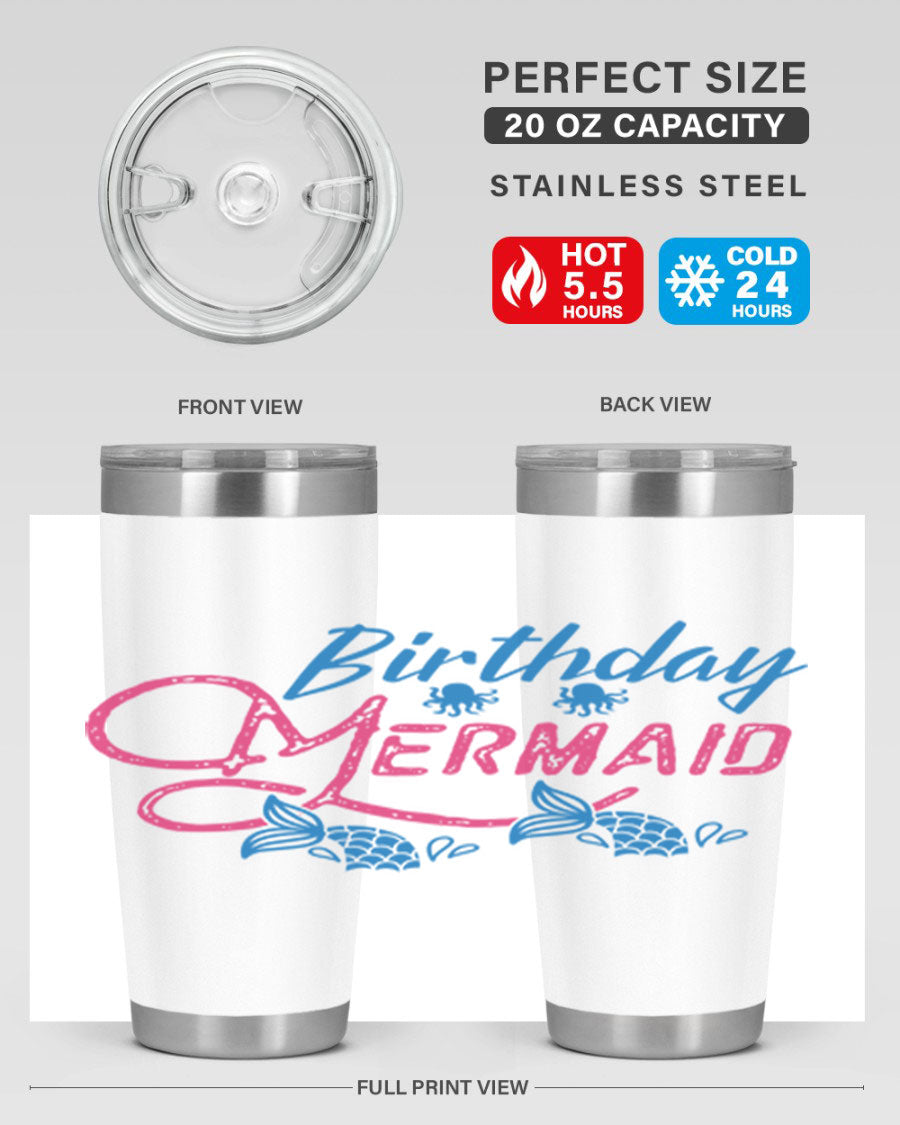 Birthday Mermaid 71# Tumbler featuring vibrant mermaid design, double wall vacuum insulation, and stainless steel construction.