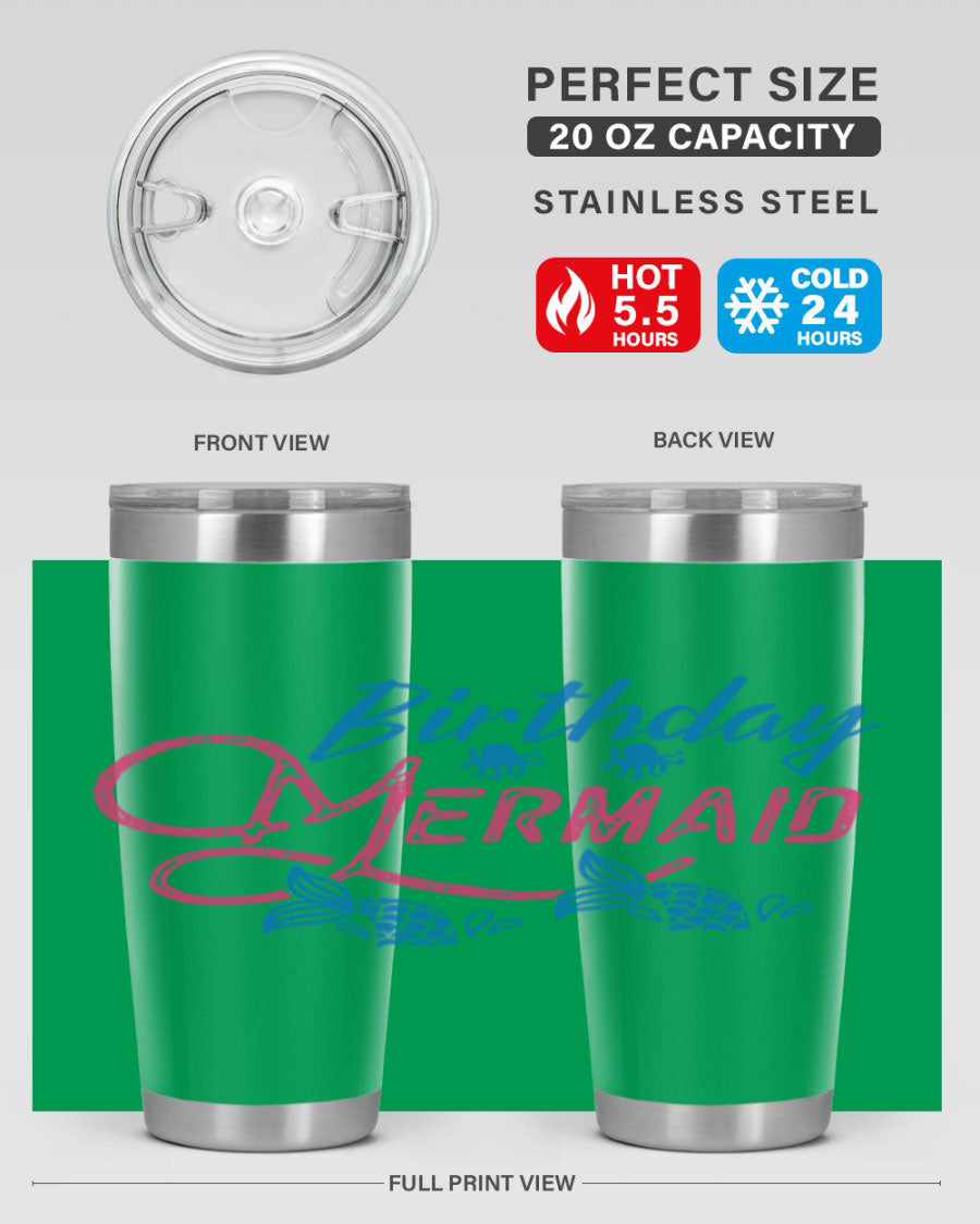 Birthday Mermaid 71# Tumbler featuring vibrant mermaid design, double wall vacuum insulation, and stainless steel construction.