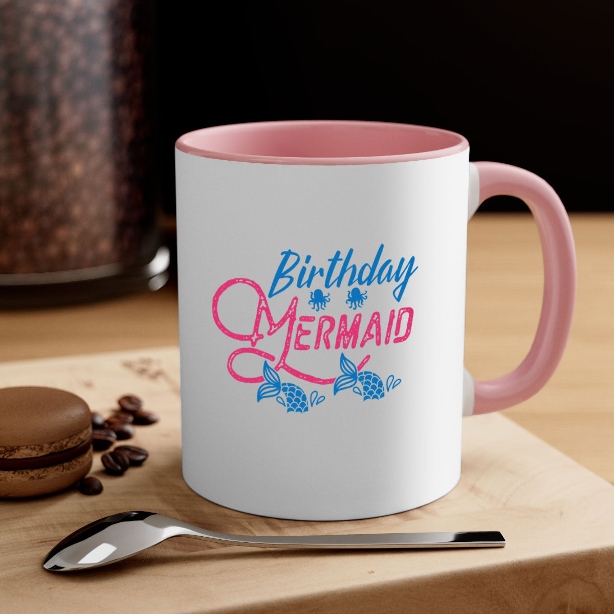 Colorful Birthday Mermaid Mug with glossy finish and C-shaped handle, available in multiple colors and sizes.