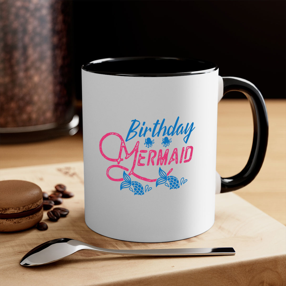 Colorful Birthday Mermaid Mug with glossy finish and C-shaped handle, available in multiple colors and sizes.