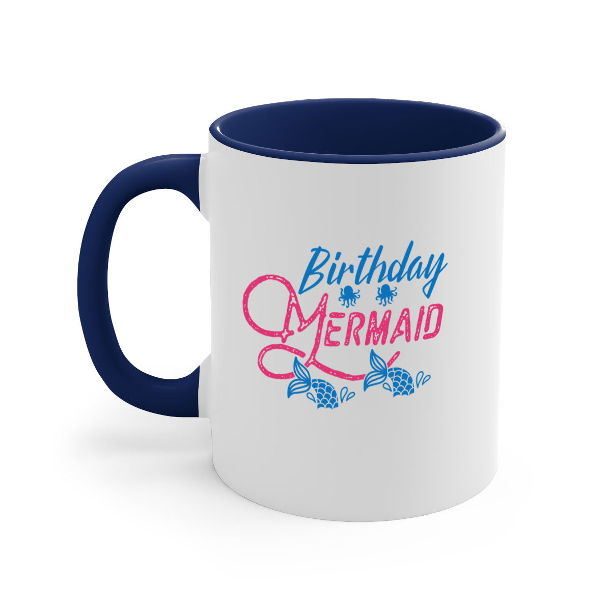 Colorful Birthday Mermaid Mug with glossy finish and C-shaped handle, available in multiple colors and sizes.