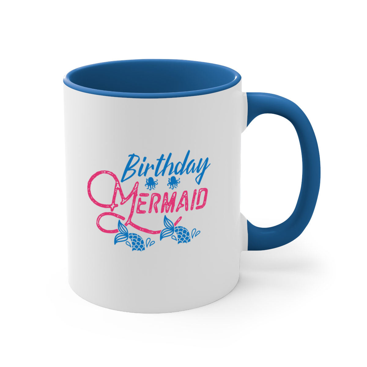 Colorful Birthday Mermaid Mug with glossy finish and C-shaped handle, available in multiple colors and sizes.