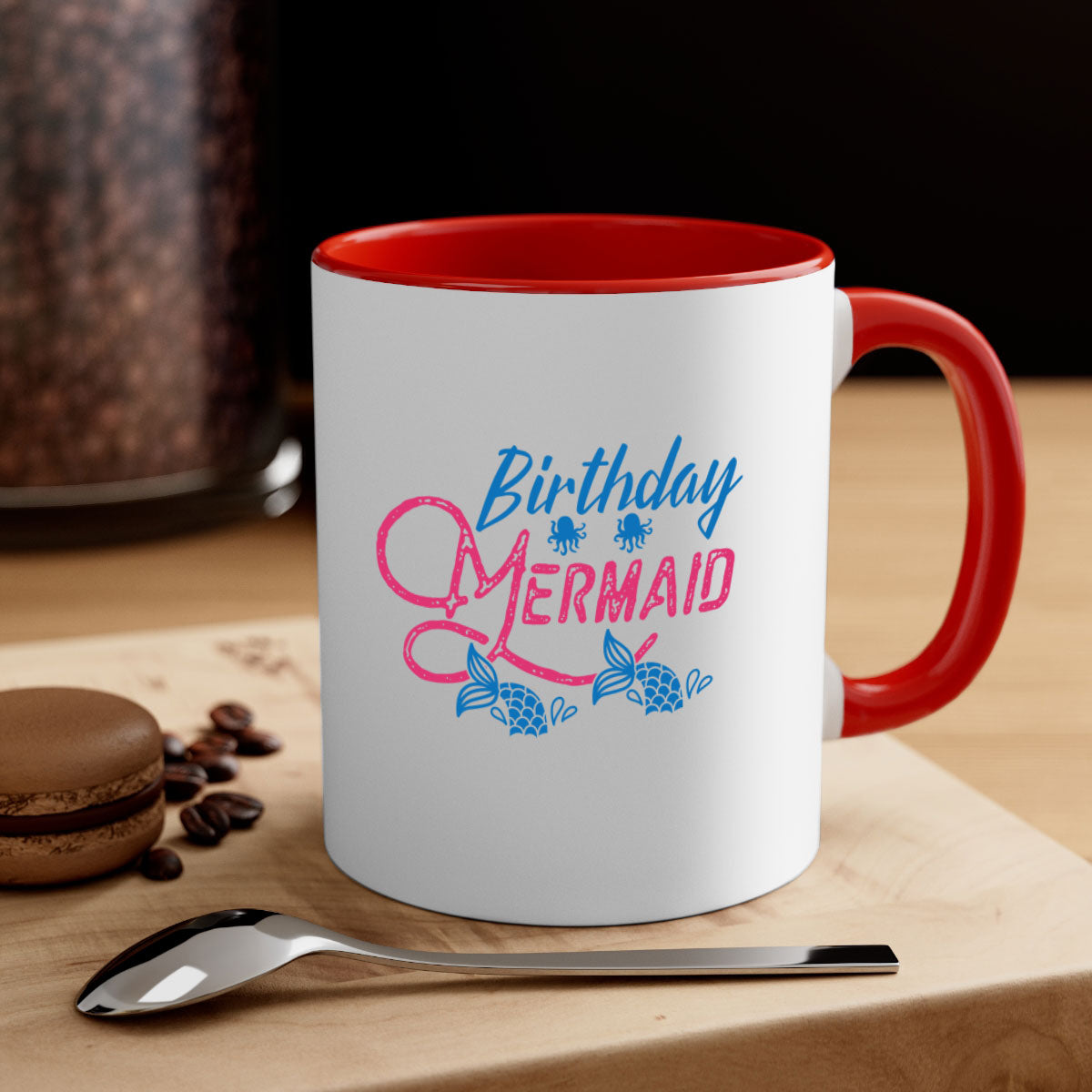 Colorful Birthday Mermaid Mug with glossy finish and C-shaped handle, available in multiple colors and sizes.