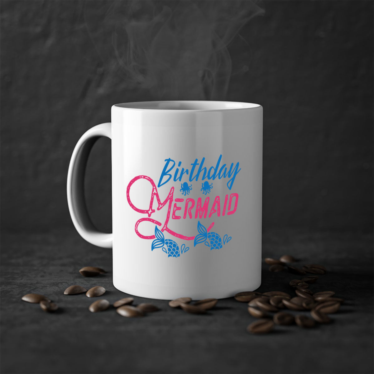 Colorful Birthday Mermaid Mug with glossy finish and C-shaped handle, available in multiple colors and sizes.