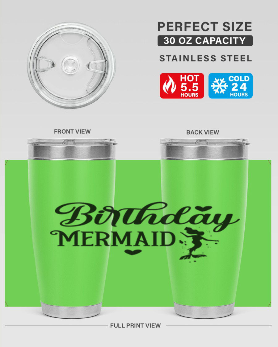 Birthday Mermaid 72# Tumbler featuring vibrant mermaid design, double wall vacuum insulation, and stainless steel construction.